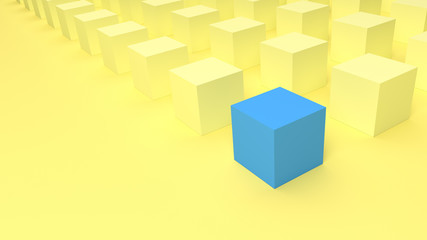 outstanding blue box among yellow boxes on yellow background. stand out among others minimal...
