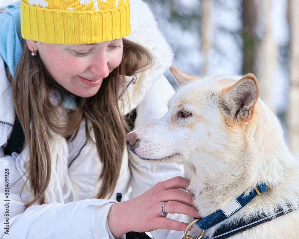 Sticker Girl and Husky dog at Finnish Lapland winter Finnish forest