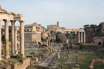 Ruins of the Roman Forum at dusk in Rome, Italy