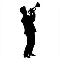 Vector Illustration of man silhouette playing the trumpet in the style of the 1920s. Handsome young european jazz musician dressed in an elegant tuxedo. Character isolated on a white background