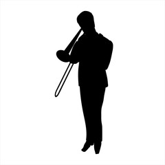 Vector Illustration of man silhouette playing the trombone in the style of the 1920s. Handsome young european jazz musician dressed in an elegant tuxedo. Character isolated on a white background