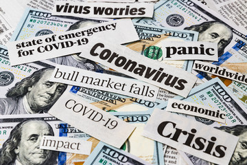Coronavirus, covid-19 news headlines on United States of America 100 dollar bills. Concept of financial impact, stock market decline and crash due to worldwide pandemic - obrazy, fototapety, plakaty