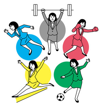 Business woman playing multiple sports on white background. Vector illustration.