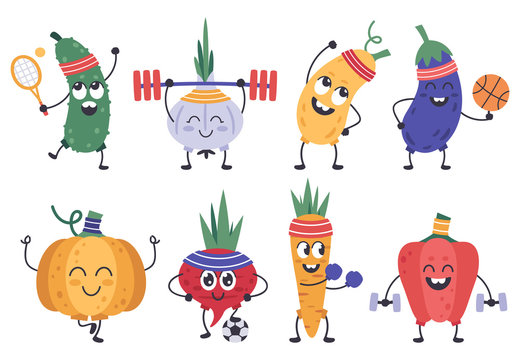 Vegetables fitness. Funny doodle veggies in exercises and meditation poses, healthy sports vegetable mascots isolated vector icons set. Vegetable cucumber and garlic, pumpkin and carrot illustration