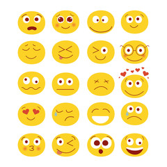 Modern vector illustration of set of cute funny emoticons. Emoji set. Set for social networks, messenger and chats. Different smiles with laugh kisses surprise love and sadness