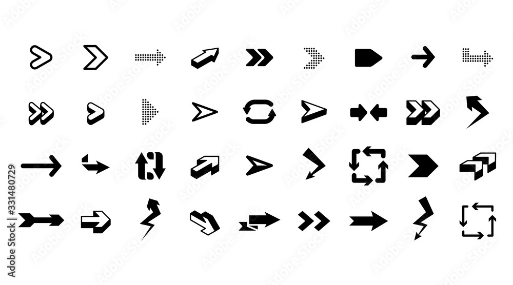 Poster graphic arrows. interface graphic icons, arrowhead direction pointers isolated vector. dot and curve
