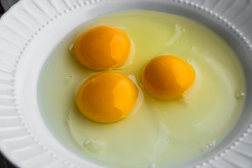 Three broken eggs on the white porcelain plate.Preparing to cook omelette.Above view