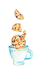 hand drawn watercolor composition of oatmeal cookies and a сup of milk on a white background