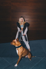 Long haired blonde, wearing a sport suit, a white jacket with fur. Gracefully holding a pitbull by wide leash chain. Posing around modern wooden background.