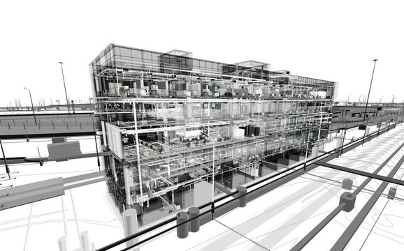 Digital image of a BIM model of an office building with transparent walls