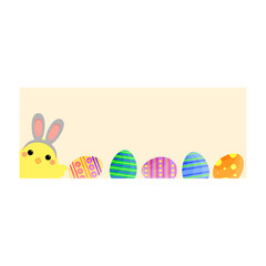 This is flat happy Easter Day background. Cute vector banner with chick and Easter eggs on yellow background.