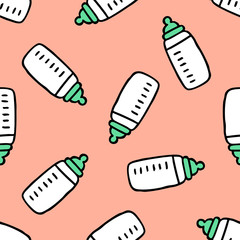 baby nipple bottle seamless doodle pattern, vector illustration