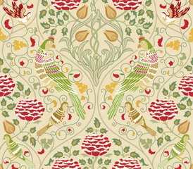 Wall murals Beige Vintage flowers and birds seamless pattern on light background. Vector illustration.