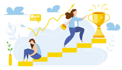 Modern vector illustration of woman on the road to success and depression from failure. Move up motivation step by step. People run to reward. Way to the target's achievement. Business competition