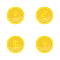 Gold coins icon. Coins with images of currencies of different countries - dollar, euro, pound sterling, Japanese Yen.