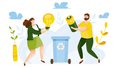 Modern vector illustration of cute people putting rubbish in trash bin. People sorting each type of garbage into the trash. Environmental protection. Ecology concept. Waste separation. Recycle thrash.