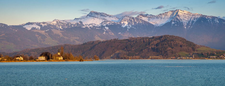 Stunning ladscapes alomg the shores of the Upper Zurich Lake (Obersee), Sankt Gallen, Switzerland