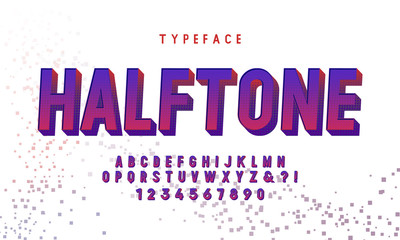 Fototapeta premium 3D modern abstract font and alphabet. Vintage halftone font, alphabet letters and numbers vector illustration.