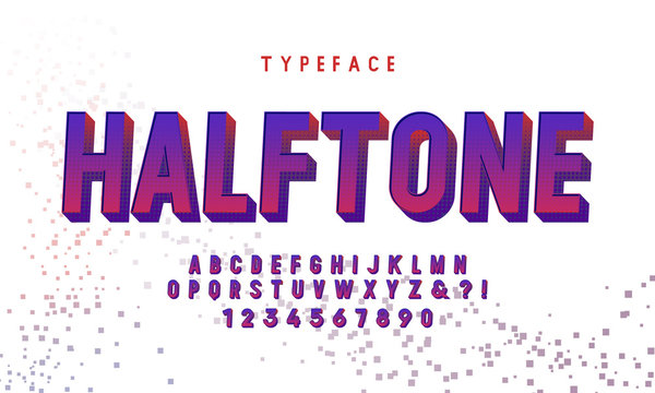 3D modern abstract font and alphabet. Vintage halftone font, alphabet letters and numbers vector illustration.