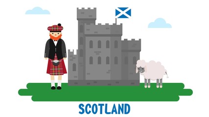 Scotsman in a suit, an old castle and a sheep