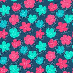 Fototapeta na wymiar seamless pattern with silhouettes of bright green, blue, turquoise and pink flowers on a gray background. Modern abstract design for paper, cover, fabric, interior decor