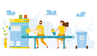 Vector illustration. Conveyor. Cute people sorting rubbish in trash bin. People sorting each type of garbage into the trash Environmental protection. Ecology concept. Waste separation. Recycle thrash.