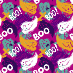 Abstract seamless halloween pattern for girls, boys, clothes. Creative background with dots, geometric figures Funny wallpaper for textile and fabric. Fashion style. Colorful bright