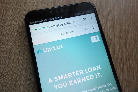 KONSKIE, POLAND - JULY 17, 2018: Upstart fintech company website displayed on a modern smartphone