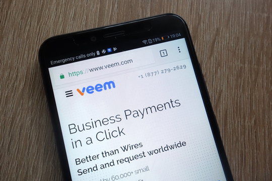 KONSKIE, POLAND - JULY 17, 2018: Veem fintech company website displayed on a modern smartphone