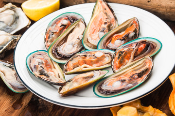 Assorted fresh shellfish-Green Mussels, Oysters, Scallops