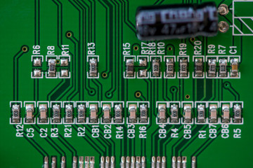 Close-up of electronic components. SMD resistors and capacitors