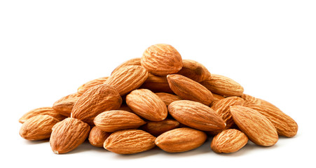 Pile of almond nuts on a white background. Isolated