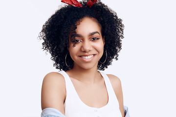 Fototapeta na wymiar Glamor elegant black hippie teenage girl model with curly hair