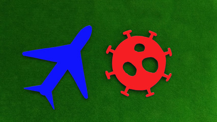The plane is blue, the coronavirus on a green background. Spread of infection. quarantine.