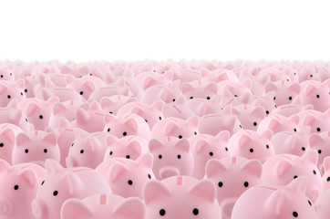 Large group of pink piggy banks on white background