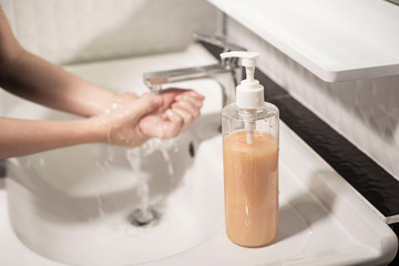 Washing hands rubbing with soap for corona virus prevention, hygiene to stop spreading coronavirus.