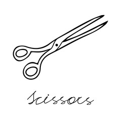 Hand-draw black vector illustration of metallic sewing items isolated on a white background with lettering scissors