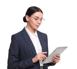 Young businesswoman with tablet on white background