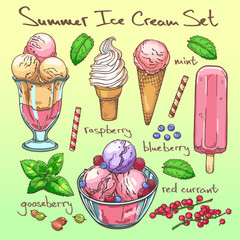 Summer ice cream set with mint and berries isolated on background.