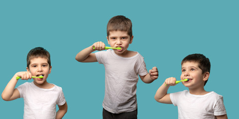collage brushing your teeth. the child brushes his teeth on a blue background. triptych with three...