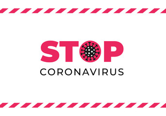 Coronavirus and pandemic attention concept. Vector flat illustration. Virus sign on stop text with ribbon frame. Horizontal banner template. Design element for medicine infographic, ui, presentation.