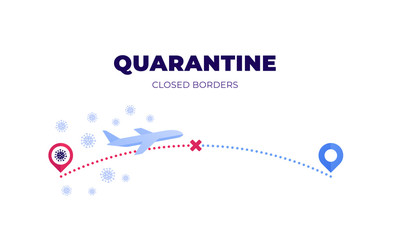 Coronavirus and quarantine virus disease concept. Vector flat illustration. Airplane on dotted route between map pin sign. Horizontal banner template. Design element for medicine ui, presentation.