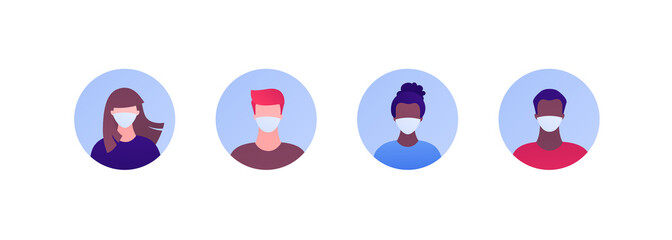 Coronavirus and virus disease pandemic concept. Vector flat person illustration set. Avatar of people of different ethics in with medical head mask on face. Design for medicine infographic, banner.