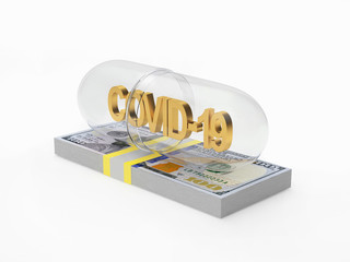 Transparent medical capsule with Covid-19 coronavirus icon on a bundle of dollar bills isolated on white background. 3D illustration