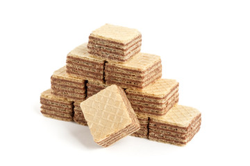 Pile of square wafer biscuits isolated on white background