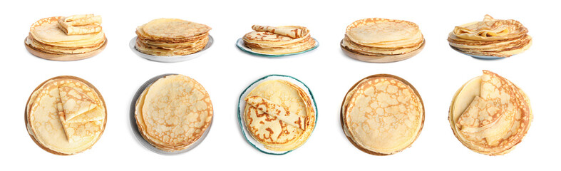 Set of delicious thin pancakes on white background. Banner design