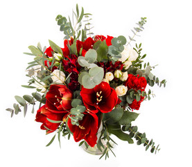flower bouquet of red amaryllis and eucalyptus - obrazy, fototapety, plakaty