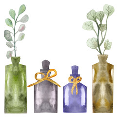 Watercolor hand painted nature spa aroma composition set with four purple, green and brown grall bottles with oil and green eucalyptus leaves on branches and bow isolated on the white background