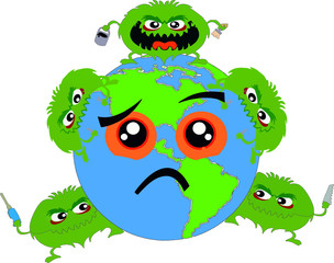 Illustration of world under attack of Coronavirus COVID-19 in isolation in a hospital bed under treatment in ICU