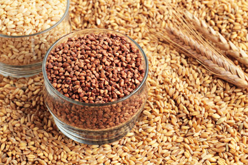 Natural,ripe wheat grains in the glass bowl on grains background.